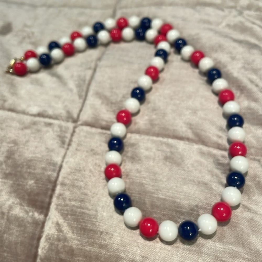 Red and White Beaded Necklace with Elegant Design Gold Barrel Clasp 24” Strand